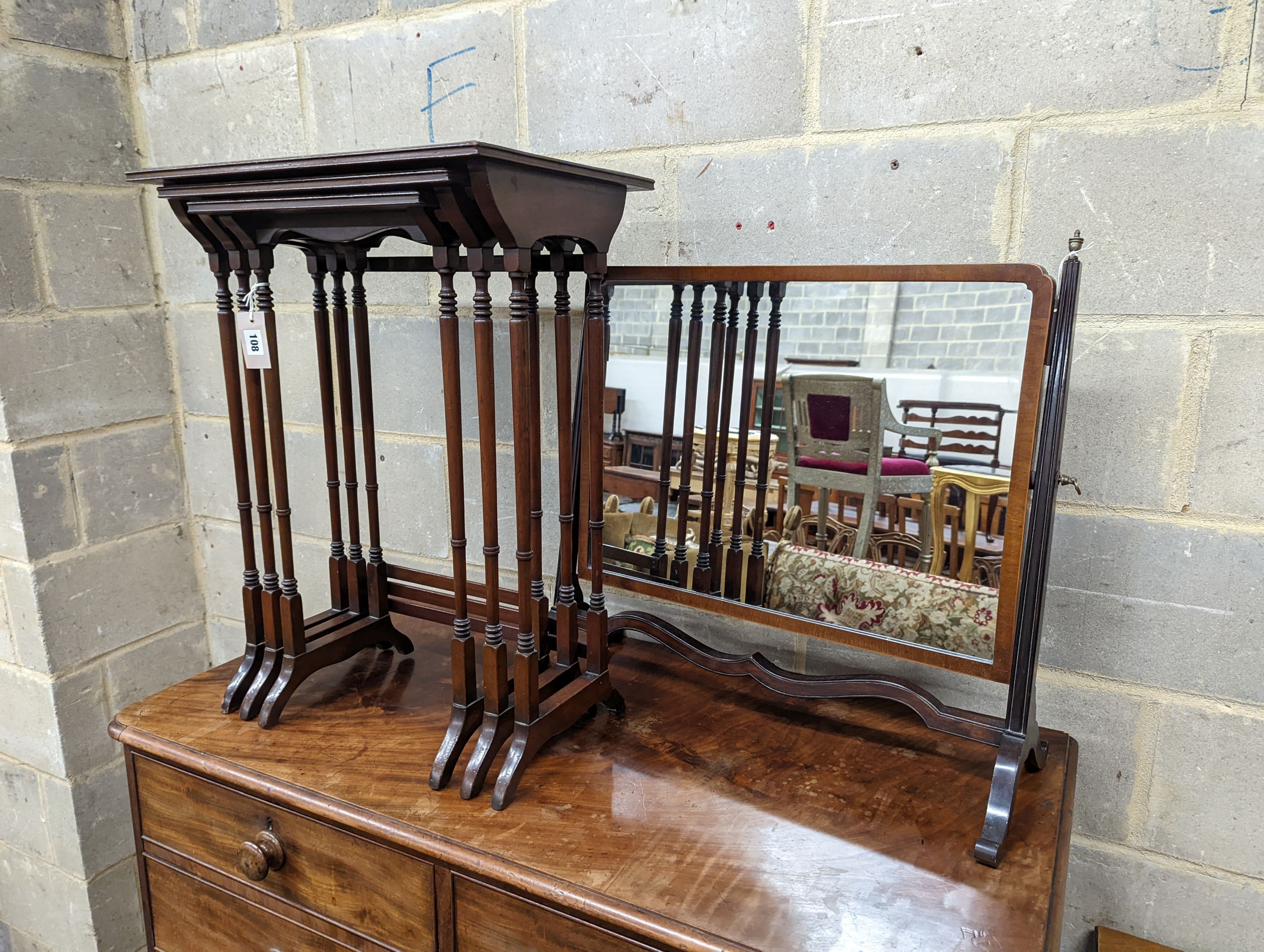 An Edwardian mahogany toilet mirror and a nest of tea tables. Tables measure - W-53cm, D-35cm, H-71cm.